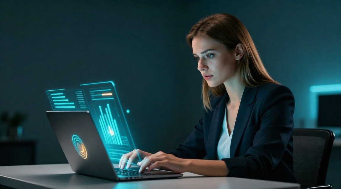 Професійна молода жінка аналізує дані SEO-звітності на ноутбуку з абстрактними візуальними елементами.