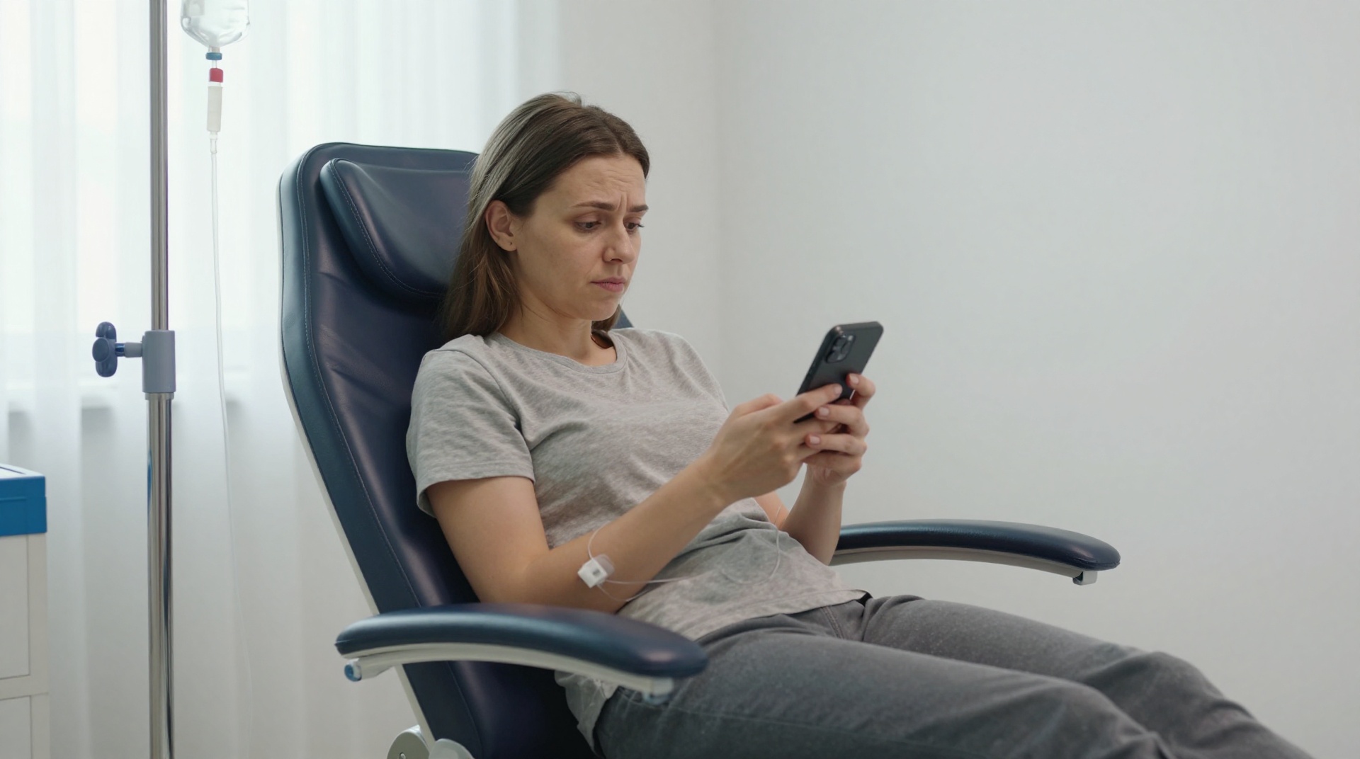 Женщина сидит в кресле для капельницы и смотрит в смартфон, на руке закреплена система для внутривенного введения.
