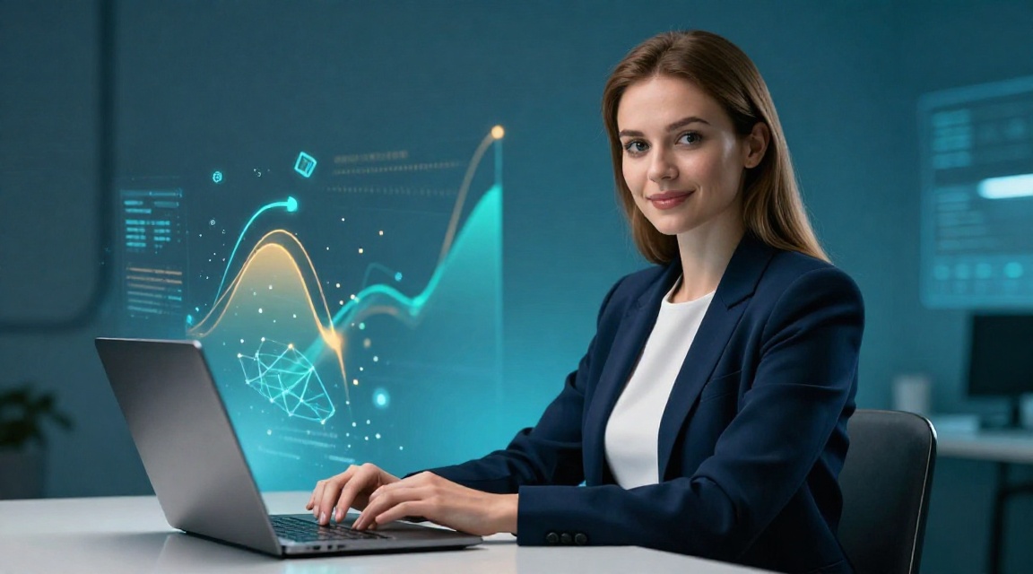 Молода жінка-спеціалістка з SEO аналітики працює з даними на ноутбуку на тлі абстрактних графіків та візуалізації