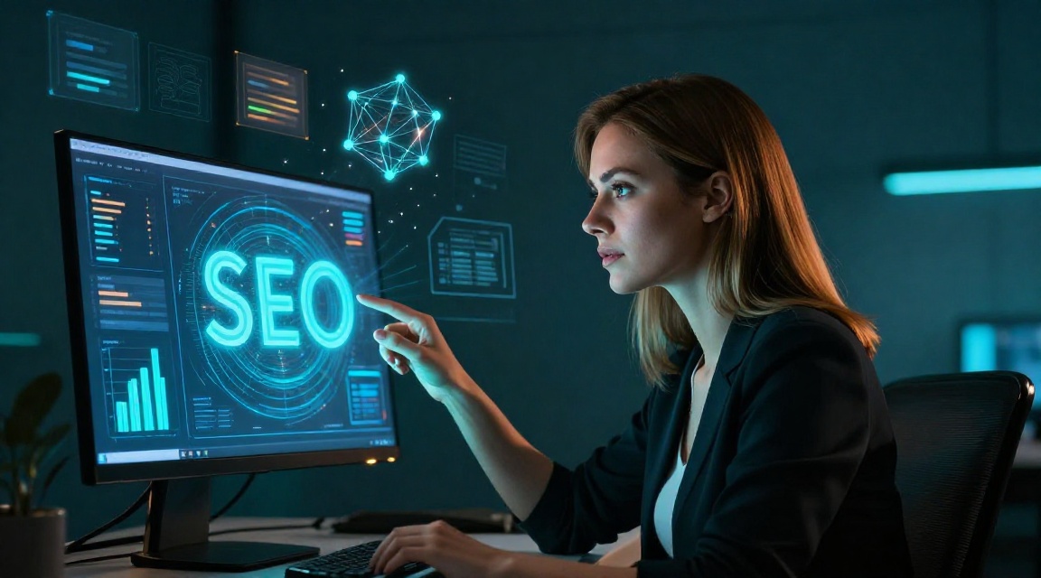 Молода жінка аналізує SEO-звітність на моніторі з абстрактними візуалізаціями даних у сучасному офісі