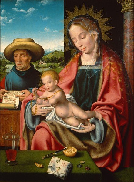 На картині голландського художника Йоса ван Клеве «Мадонна з немовлям» ми бачимо частина вишитого семплера