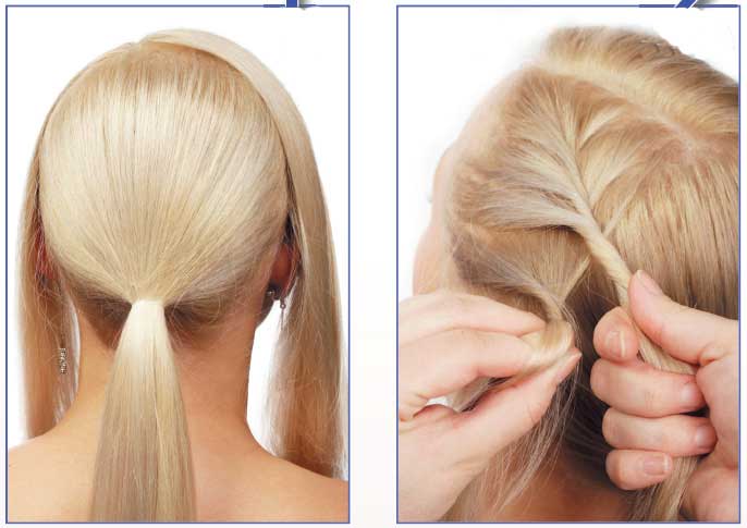 Решта волосся розділіть вертикальним проділом і кожну частину заплетене в такий спосіб: невелике пасмо закрутіть джгутом, збоку візьміть ще одну пасмо, закрутіть джгутом і додайте до першого джгута